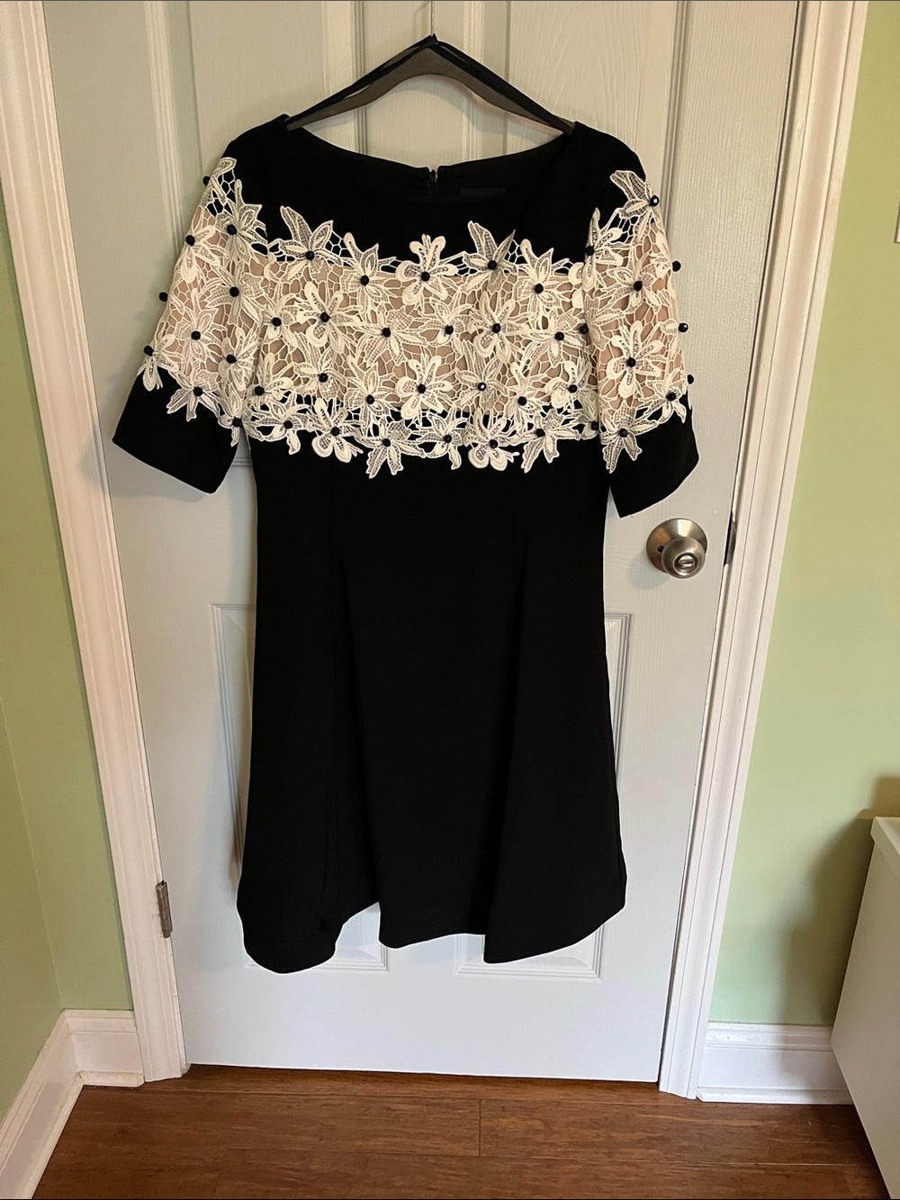 Black Midi Dress with White Floral Lace Yoke